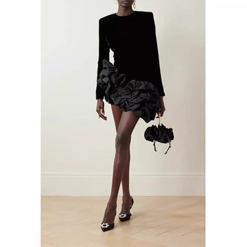 2025 Velvet Splicing Stacked Lotus Leaves Side Irregular Dress Short